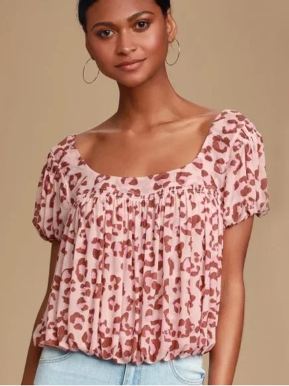 Free People Pink Leopard Print Puff Sleeve Peasant Blouse